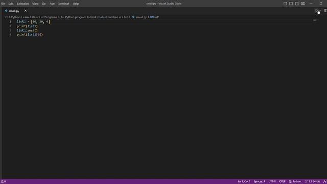 Python program to find smallest number in a list смотреть онлайн