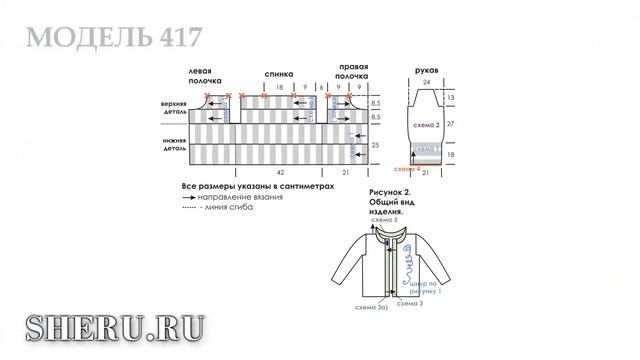 Фактурные полосы в кофте, поперечное вязание спицами Модель 417 Описание и схемы смотреть онлайн