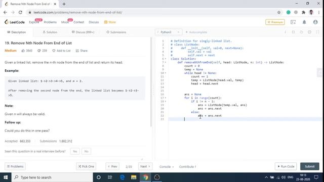 Remove Nth Node From End of List Leetcode Solution | Python смотреть онлайн