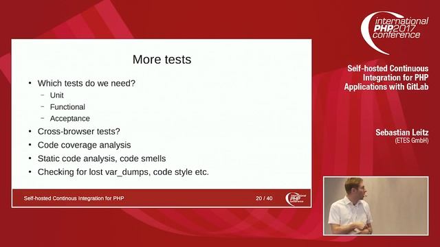 Self-hosted Continuous Integration for PHP Applications with GitLab - Sebastian Leitz | IPC 2017 смотреть онлайн