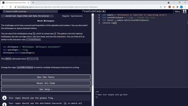 Regular Expressions 2333  Match Whitespace  freeCodeCamp