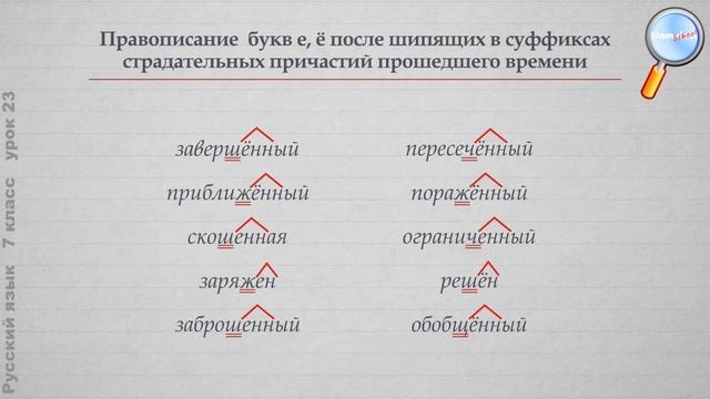 Русский язык 7 класс (Урок№23 - Буквы е и ё после шипящих в суффиксах страд.причастий прош.времени.