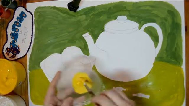 Натюрморт с чайником и вазой с апельсинами. Рисуем гуашью вместе с детьми. смотреть онлайн