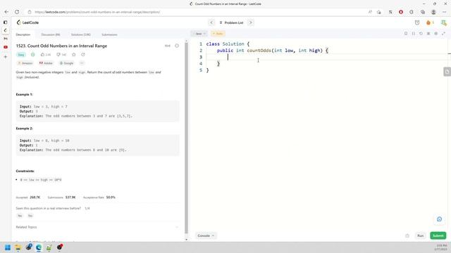 LeetCode 1523 | Count Odd Numbers in an Interval Range | Math | Debugger | Java смотреть онлайн