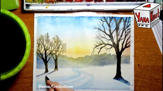 Рисуем зимний пейзаж акварель."Зимнее утро" смотреть онлайн