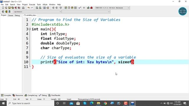 C Program to Find the Size of int, float, double and char смотреть онлайн