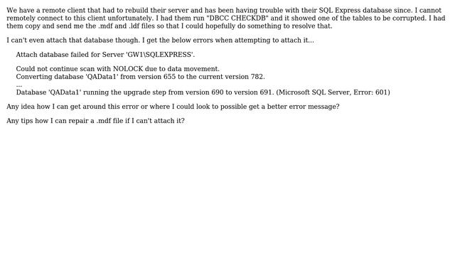 Databases: Failed to attach SQL Express DB, Could not continue scan with NOLOCK смотреть онлайн