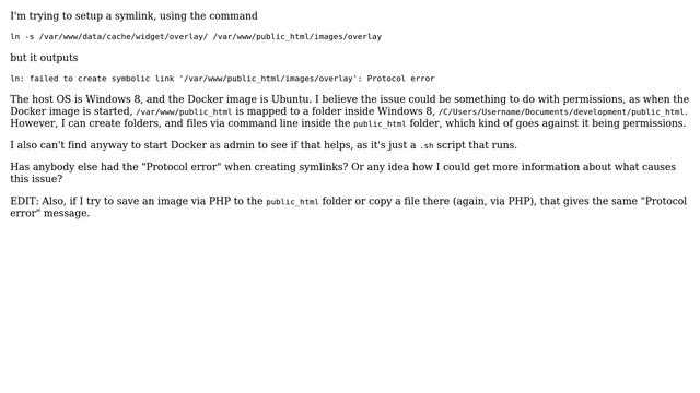 Unix & Linux: Getting "Protocol Error" when trying to create a symlink in Docker смотреть онлайн