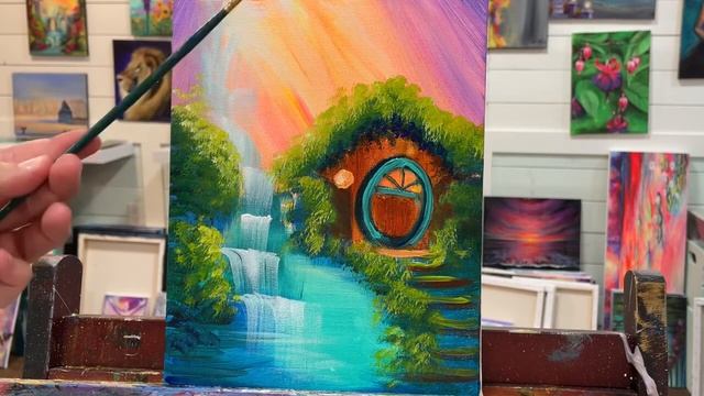 EASY! Cozy Cottage and Floating Lanterns | Acrylic tutorial for beginners ??️ смотреть онлайн