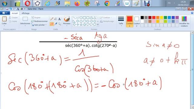 Trigonométrie Simplifier : (cos(90°+a).séc(-a).tg(180°-a))/(séc(360°+a).sin(180°+a).cotg(270° - a)) смотреть онлайн