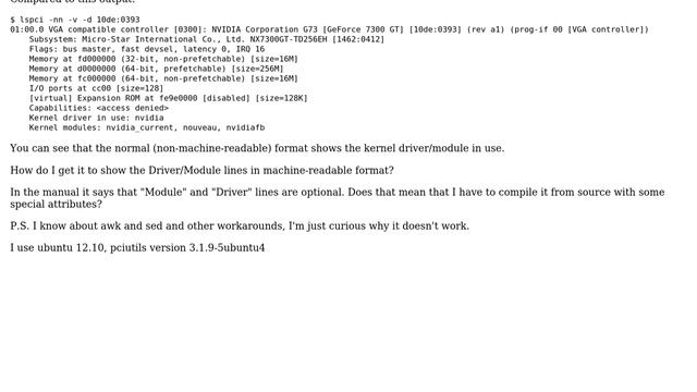 lspci machine-readable format (-vmm) does not show a kernel Module/Driver line смотреть онлайн