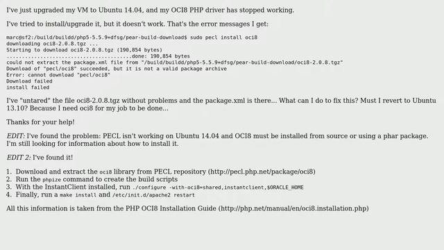 Ubuntu: Error installing OCI8 on Ubuntu 14.04 смотреть онлайн