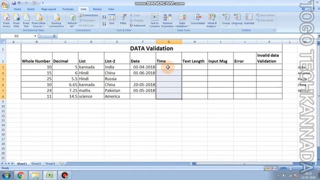 Microsoft Excel - Data Validation Explanation | Kannada | смотреть онлайн