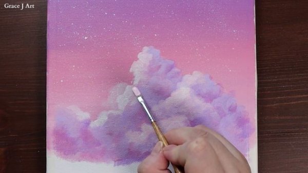 Pink Clouds over Flower Fields / Easy acrylic painting for beginners / PaintingTutorial