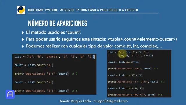 Bootcamp Python 3 - Tuplas - Número de apariciones con "count" смотреть онлайн