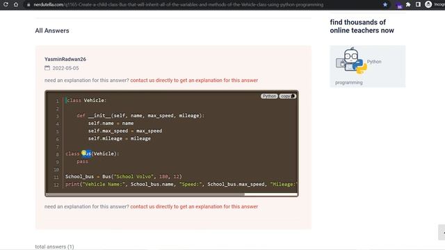 Create child class Bus that will inherit all of the variables and methods of the Vehicle class смотреть онлайн