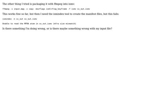 ffmpeg: packaging H264@MPEGTS into Smooth Streaming смотреть онлайн