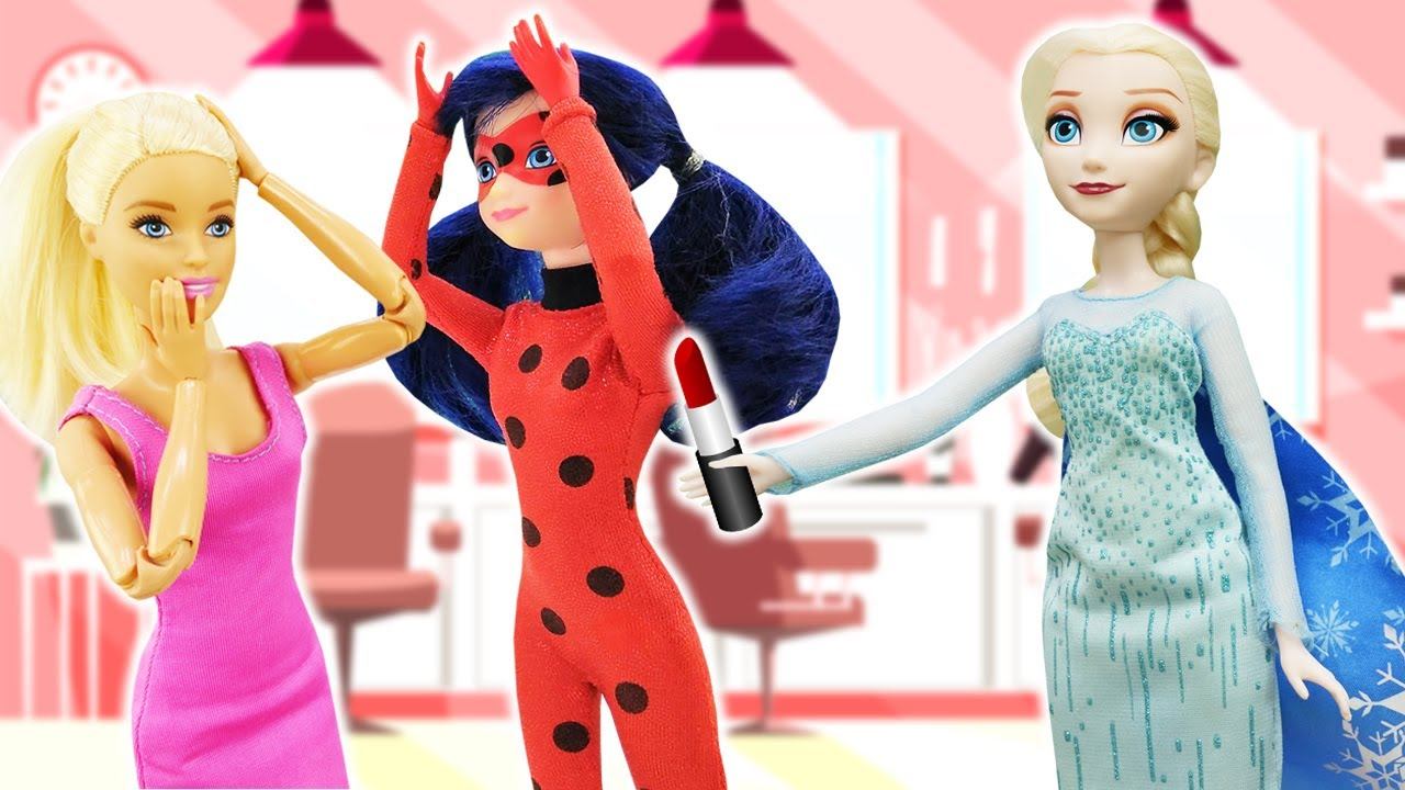 Видео про игры в куклы. Барби, Леди Баг и Эльза Холодное Сердце в салоне красоты! Делаем макияж! смотреть онлайн