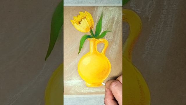 Желтый тюльпан в желтой вазе. Как просто нарисовать красивый цветок гуашью. смотреть онлайн