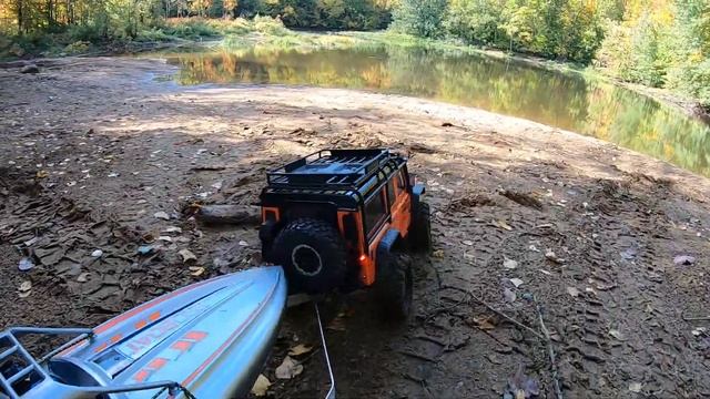 Rc boat launch! defender scale 4x4, adventure boat on trailer. смотреть онлайн