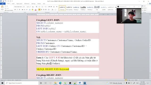 SQL Easy Buổi 5: Joins, INNER JOIN, LEFT JOIN, RIGHT JOIN , CROSS JOIN , Self Join,UNION Operator. смотреть онлайн