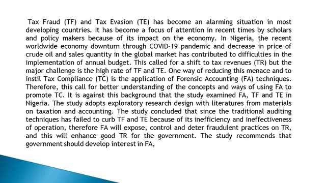 Forensic Accounting, Tax Fraud And Tax Evasion In Nigeria – Review Of Literatures And Matter For Po