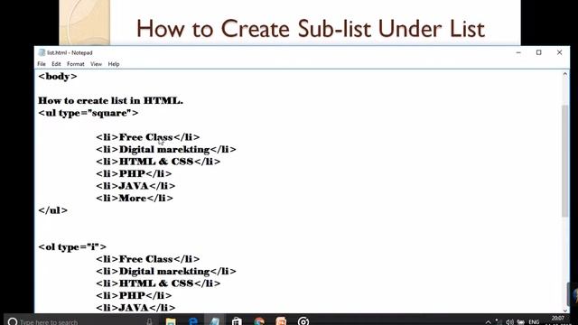 HTML Class Parts-4| How to create Sub-List Under List in HTML | Create|HTML| List | Sublist смотреть онлайн