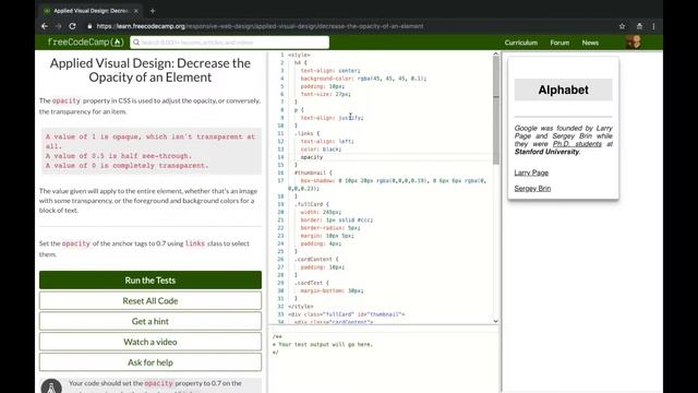 (freeCodeCamp) A.3.12 Decrease the Opacity of an Element смотреть онлайн