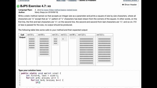 Java Practice It | Exercise 4.7: xo | for loops if/else method basics nested loops смотреть онлайн