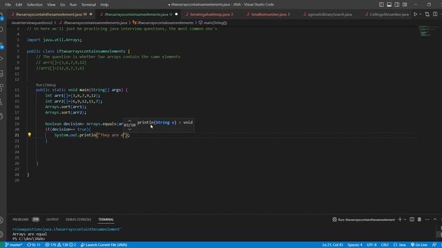 To check whether two arrays contain the same elements(IN JAVA) смотреть онлайн