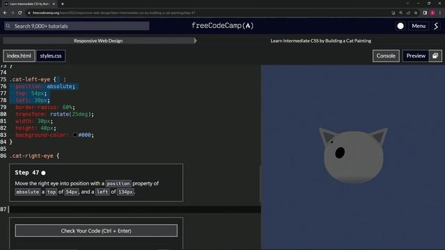 FreeCodeCamp | Learn Intermediate CSS by Building a Cat Painting: Step 47 | Responsive Web Design смотреть онлайн