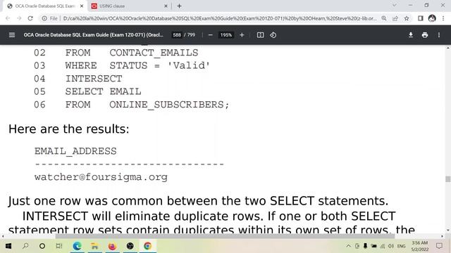 INTERSECT , OCA Oracle Database SQL Exam Guide Exam 1Z0-071 смотреть онлайн