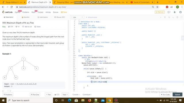 Depth(Height) of N-ary tree | Data Structure and Algorithms | JAVA | iterative | Leetcode 559 | BFS смотреть онлайн