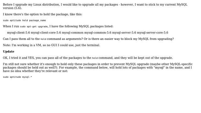 Ubuntu: Upgrade all packages except MySQL, via aptitude смотреть онлайн