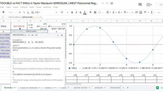 FACTDOUBLE FACT SIN(x) Taylor Maclaurin SERIESSUM, LINEST Polynomial Regression Google Sheets excel смотреть онлайн
