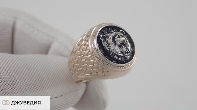 Печатка Мужская с Медведем с черным фианитом (Печатка Медведь), Артикул КМ-170_10_з, золото 585 смотреть онлайн