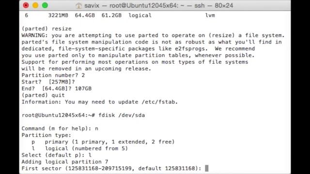 Ubuntu 12 - Увеличение места на диске. Набор команд для SSH смотреть онлайн