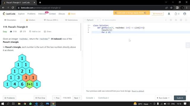 119. Pascal's Triangle II | Leetcode | Python смотреть онлайн