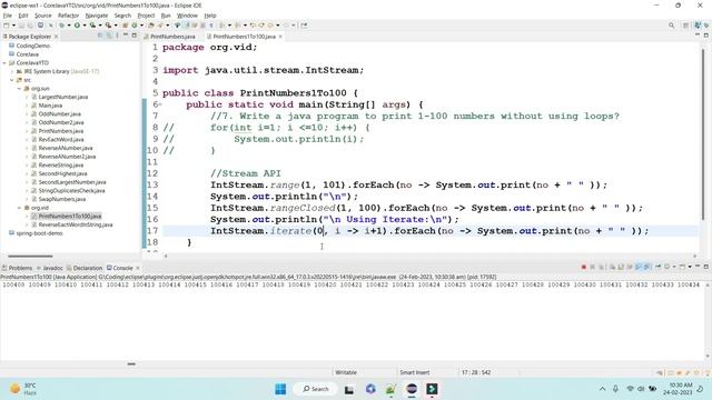 Write a java program to print 1-100 numbers without using loops| Using Stream API | Using Recursion смотреть онлайн