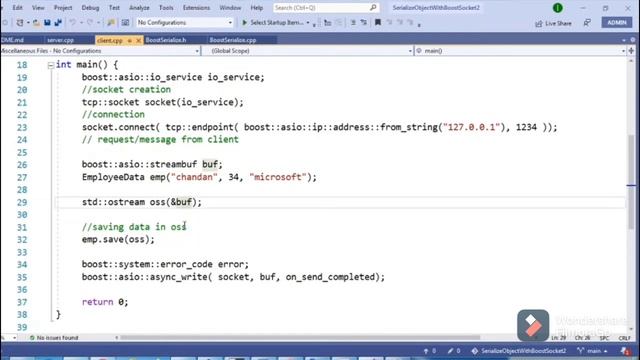 Sending C++ class object over Tcp network using Boost Serialization смотреть онлайн