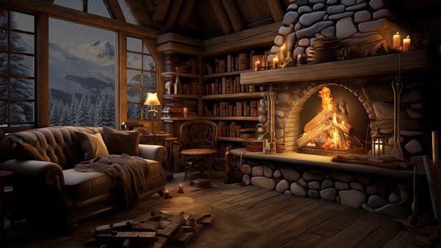 Cozy Cabin Ambience with Relaxing Piano Music - Crackling Fireplace and Snowfall for Stress Relief смотреть онлайн