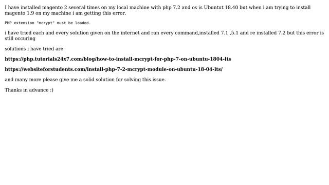 Magento 1.9 not installing on ubunut 18.4 and php 7.2 PHP extension "mcrypt" must be loaded смотреть онлайн