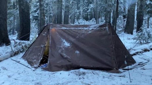 Hot Tent Snow Camping In Old Growth Forest _ Wood Stove Cheese Steak