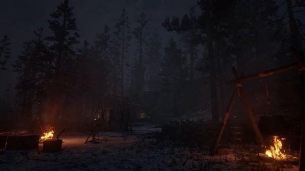 Cozy Winter Hunting Cabin || Campfire Cooking and Night Forest Sounds || Ambience