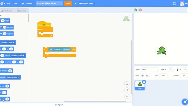 Frogger 02 - First Script to get the Up Arrow to move the Frog Up - Create a Video Game with Scratc смотреть онлайн