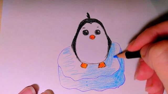 Как нарисовать цветными карандашами пингвина на льдине, просто, пошагово, рисунки для детей смотреть онлайн