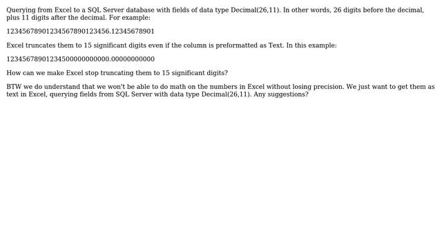 From Excel, how to query SQL Server Decimal(p,s) data type without losing precision смотреть онлайн