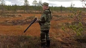 Охота на гуся на болоте осенью.