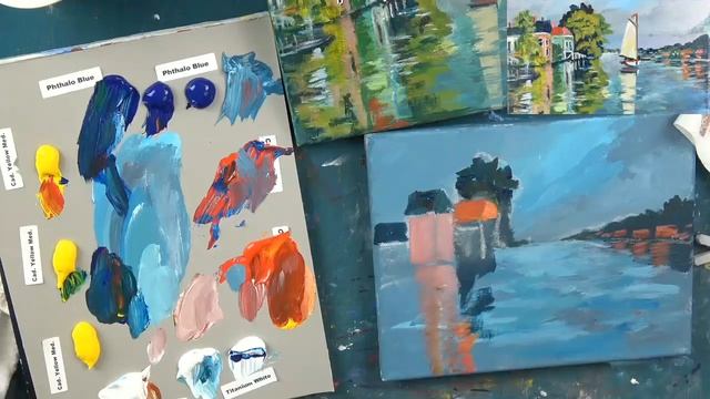 How to Paint Monet's Houses on the River with Acrylic Paints for Beginners Using 3 Colors Plus Whit смотреть онлайн
