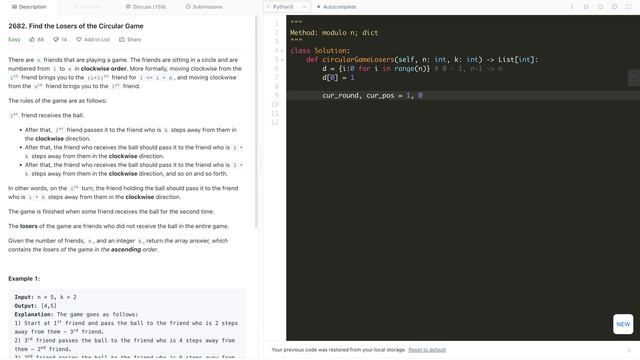 leetcode 2682. Find the Losers of the Circular Game - mod operation and info retrieval using dict смотреть онлайн